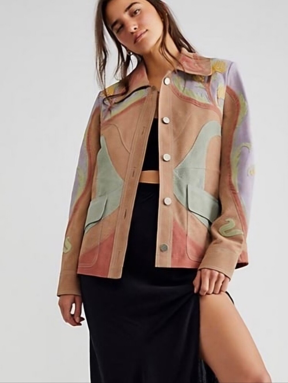 Free People Lotus Love Leather Embroidered Colorful Suede Jacket s